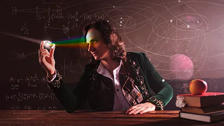 Tranh minh họa Isaac Newton ngồi bên bàn, tách một chùm sáng thành dải cầu vồng qua lăng kính; phía sau là bảng đầy công thức.
