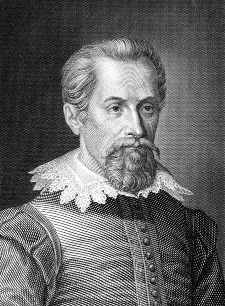 Chân dung khắc đen trắng nhà thiên văn Johannes Kepler, mặc áo thời Phục Hưng với cổ ren trắng.