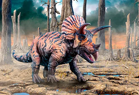 Tranh vẽ khủng long ba sừng Triceratops với tấm diềm xương quanh cổ, đứng giữa khu rừng cây chết trụi.