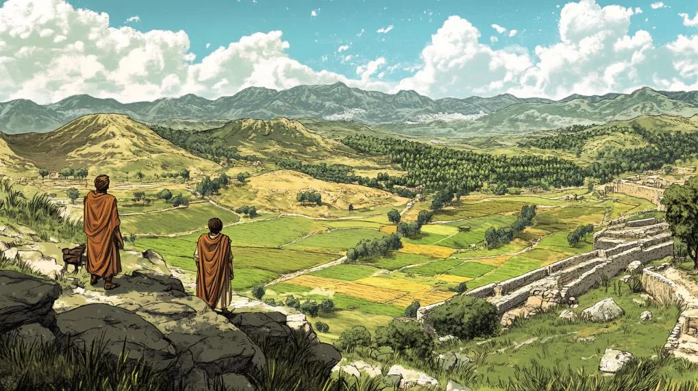 justincase1989_comic_illustration_of_travelers_in_the_Gandhara__84156e3e-2d95-4f9a-89b8-940258f358f9 Tranh truyện: hai người khoác áo choàng nâu đứng trên mỏm đá nhìn xuống thung lũng có ruộng bậc thang và tường thành đá.